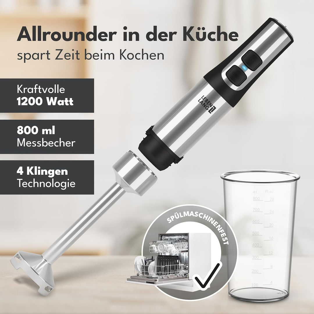 LEBENLANG 1200W Stabmixer Edelstahl - Inkl. 800ml Messbecher & Spritzschutz I Stufenlos verstellbar