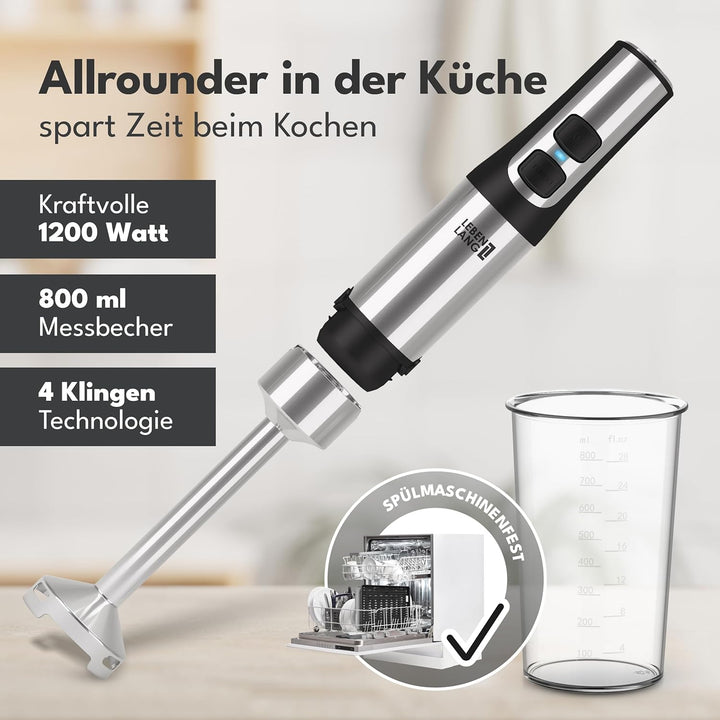 LEBENLANG 1200W Stabmixer Edelstahl - Inkl. 800ml Messbecher & Spritzschutz I Stufenlos verstellbar