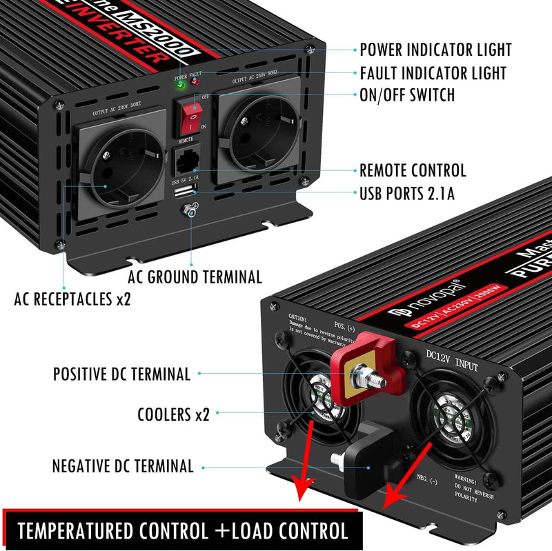 NOVOPAL 2000W KFZ Reiner Sinus Spannungswandler-Auto Wechselrichter 12v auf 230v Umwandler-Inverter