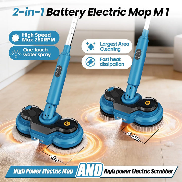 Kabellos Elektrischer Mopp mit 2 * 2000mAh Akkus, Wischmopp Poliermaschine mit Sprühfunktion, Bodenr