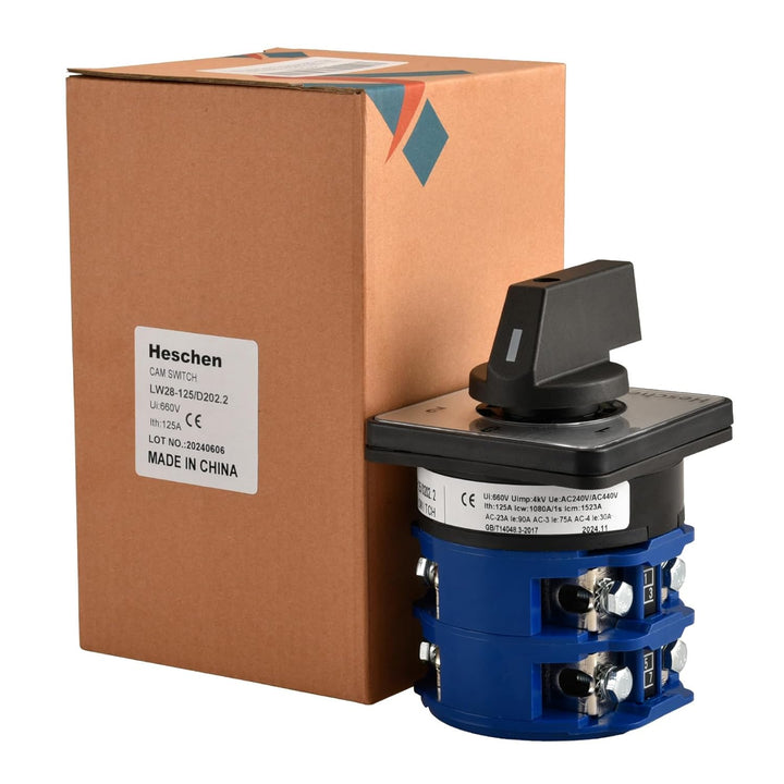 Heschen Drehwechsel-Nockenschalter, LW28-125/D202.2, 125A 660VAC, 2 Phasen, ON/OFF/ON 3 Positionen,