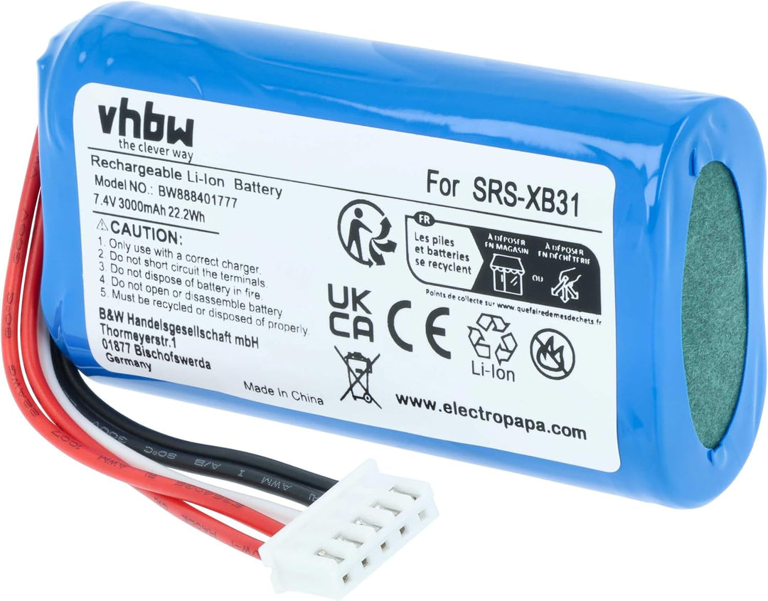 vhbw Akku kompatibel mit Sony SRS-XB33, SRS-XB31 Lautsprecher Boxen Speaker (3000 mAh, 7,4 V, Li-Ion