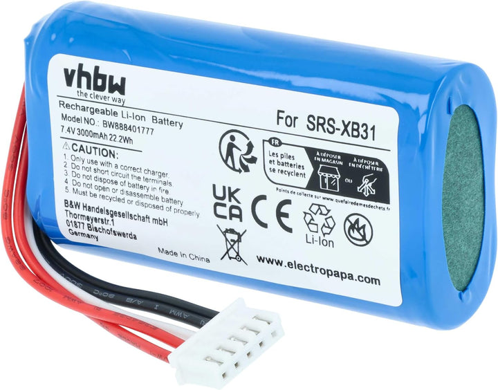 vhbw Akku kompatibel mit Sony SRS-XB33, SRS-XB31 Lautsprecher Boxen Speaker (3000 mAh, 7,4 V, Li-Ion