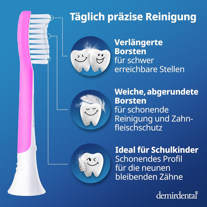 demirdental Kinder Ersatzbürsten passend für Philips Sonicare Kids, Bürstenköpfe ab 7 Jahre, entspri