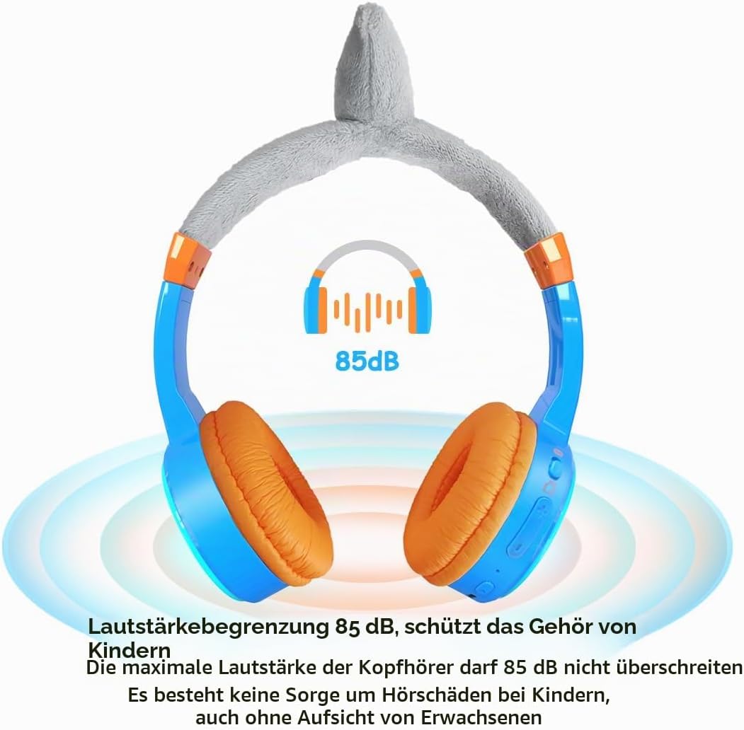 Bluetooth Kopfhörer Kinder, Shark Kinder Kopfhörer mit Kabel, Mikrofon, 85dB Lautstärkebegrenzung, 3