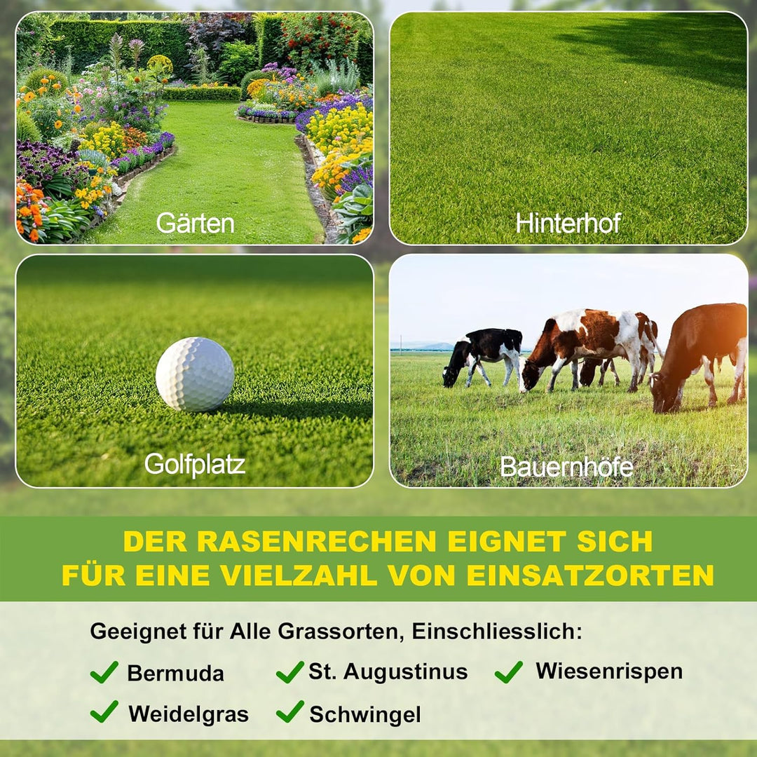 Rasenrechen 75x25cm mit 2m Verstellbarem Griff & Drehsteckersystem , Handlicher Arbeitssparendes Ras