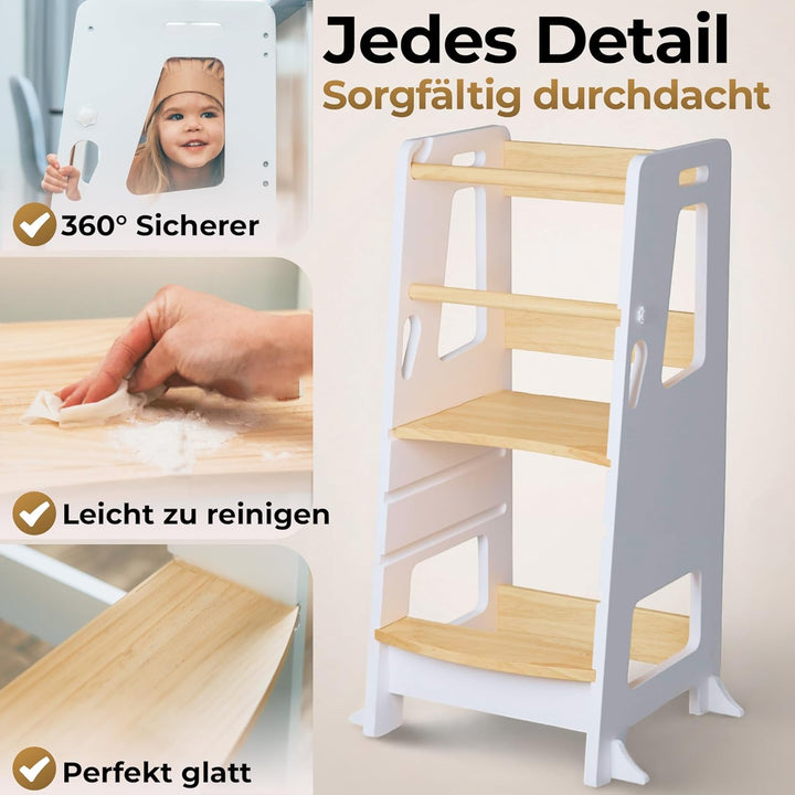 BEY & CO® Lernturm/Entdeckerturm aus Holz – Küchenhelfer für Kinder – 3-Fach höhenverstellbar, mit R