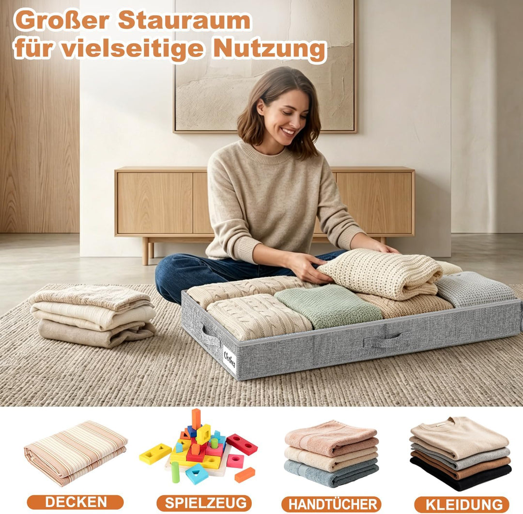Unterbett Aufbewahrungsbox 12 cm mit Deckel, 2 Stück Faltbare Unterbettkommode Stabil, Platzsparend