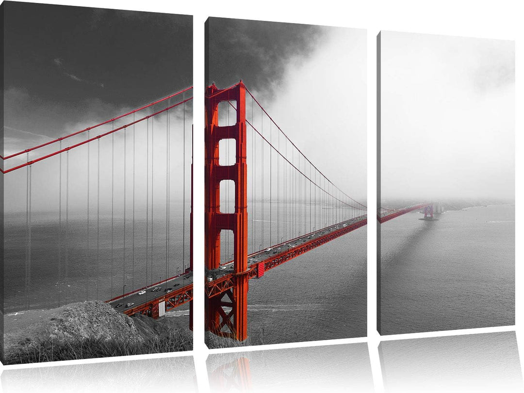 rote Golgen Gate Bridge in San Francisco schwarz/weiss 3-Teiler Leinwandbild 120x80 Bild auf Leinwan