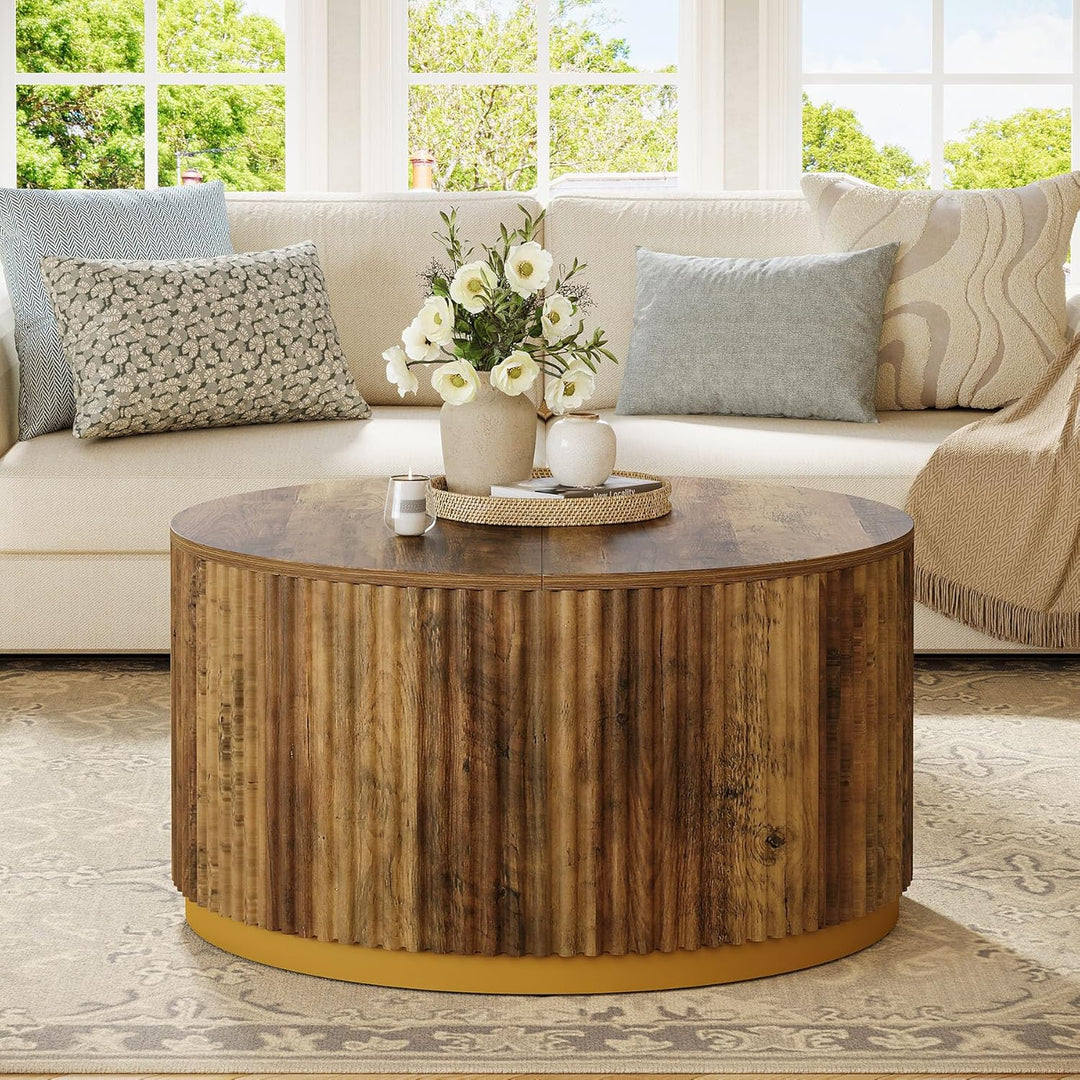 Tribesigns 80 cm runder Couchtisch, geriffelter Holztisch mit stabilem Trommelgestell, Wohnzimmertis