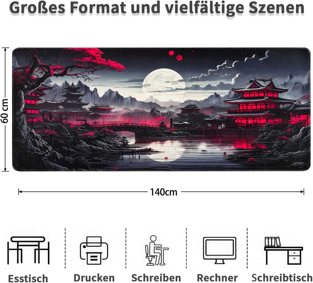 Zindoo Gaming Mauspad XXL 1400 × 600 mm Japanische Nachtlandschaft Mond &amp; Pagode 1400L x 600B mm, Mo