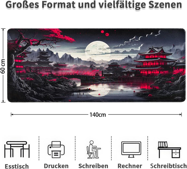 Zindoo Gaming Mauspad XXL 1400 × 600 mm Japanische Nachtlandschaft Mond &amp; Pagode 1400L x 600B mm, Mo