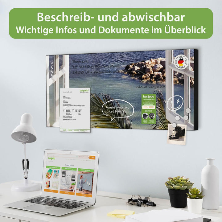 banjado Magnettafel schwarz 78 x 37cm / Magnetwand Metall/Magnetpinnwand als Memoboard/Pinnwand Magn