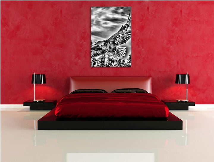 Monocrome, Adler, Format: 100x70 auf Leinwand, XXL riesige Bilder fertig gerahmt mit Keilrahmen, Kun