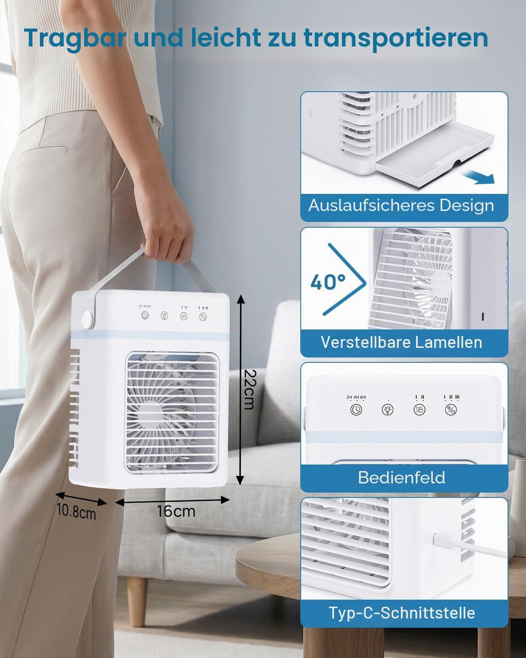 Mobile Klimaanlage Klein 900ML – Mobiles Klimagerät 3 Gebläsestufen &amp; 3 Nebelmodi, Luftkühler mit Wa