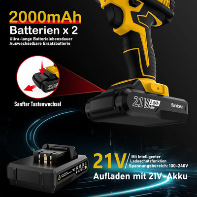 Sundpey Akkuschrauber 21V, Akku Bohrschrauber Set mit 2 Akkus 2.0Ah, 45 Nm Max Akku Bohrmaschine, 2-