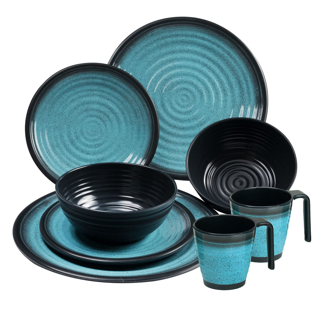Melamin Camping Geschirr Set für 2 Personen - mit Tellern und Stapel-Tassen - 8 Teile - Blau-Schwarz
