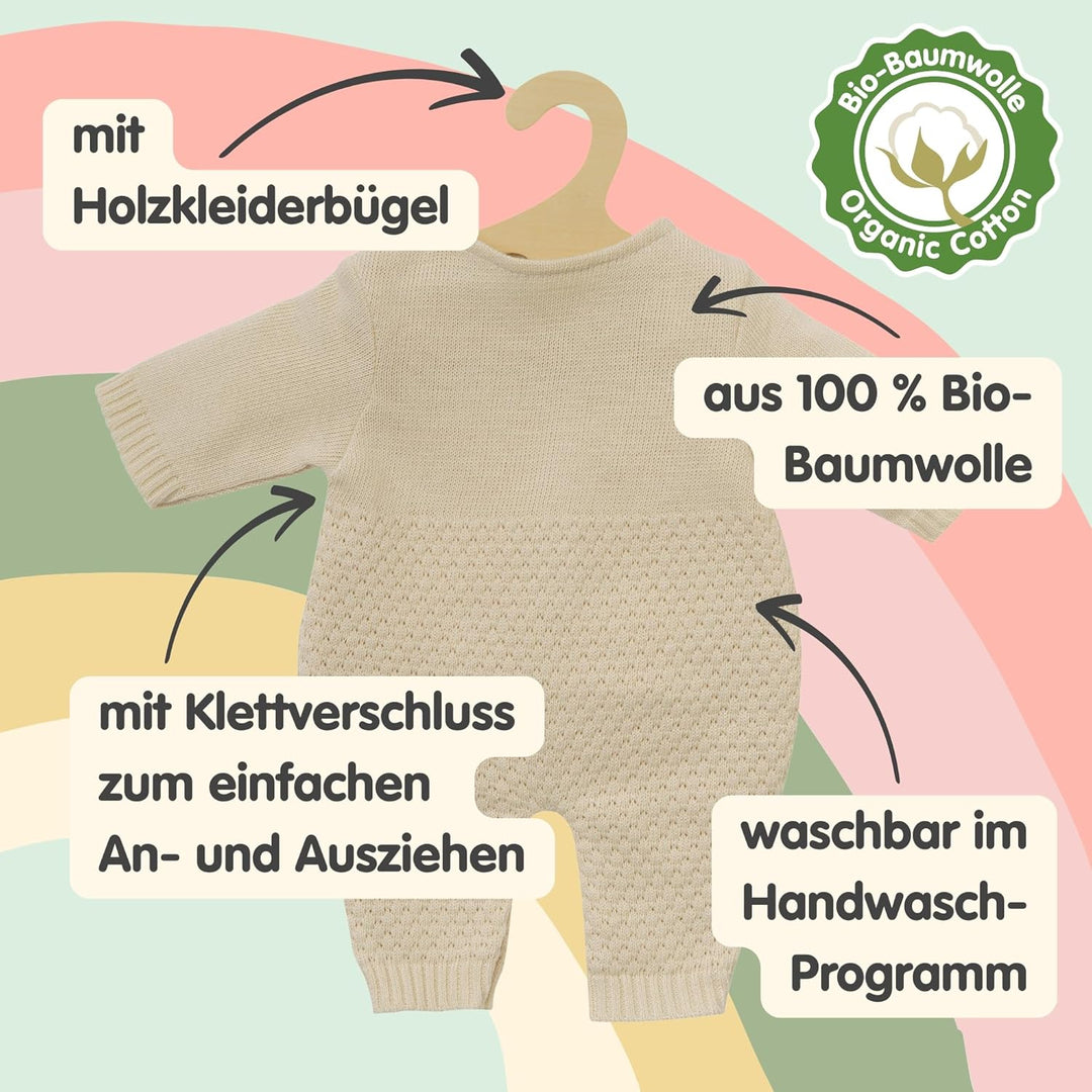 Heless 2480 - Puppenkleidung aus 100% Bio-Baumwolle, Strickstrampler in Ecru für Puppen und Kuschelt
