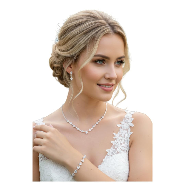 ONDEGO® 3er Set SILBER Strass Schmuck Kette Schmuckset Armband Hochzeit Collier Halskette Brautschmu