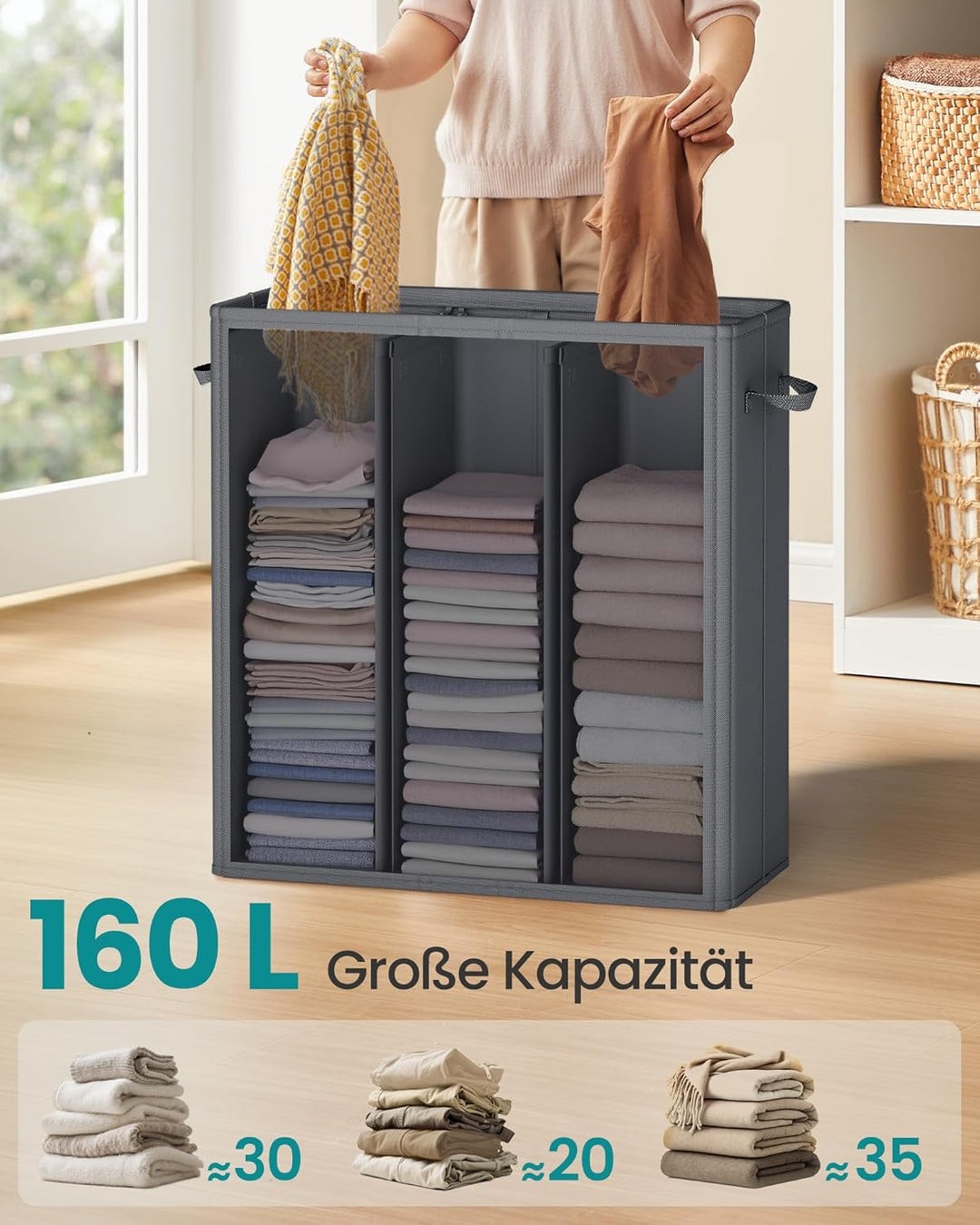 SONGMICS Wäschekorb mit 3 Fächern, 160 L, mit Deckel, 5 Etiketten, herausnehmbarer und waschbarer In