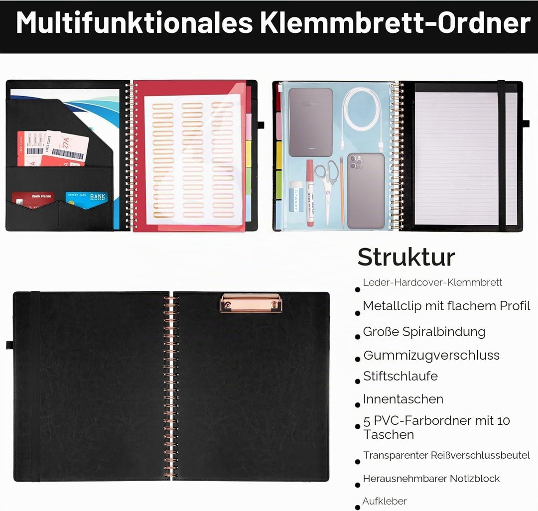 HAUTOCO PU-Leder Klemmbrett Folio mit Zip Beutel, Klemmbrettmappe A4 mit nachfüllbarem Notizblock, K