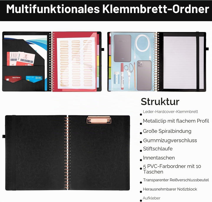 HAUTOCO PU-Leder Klemmbrett Folio mit Zip Beutel, Klemmbrettmappe A4 mit nachfüllbarem Notizblock, K