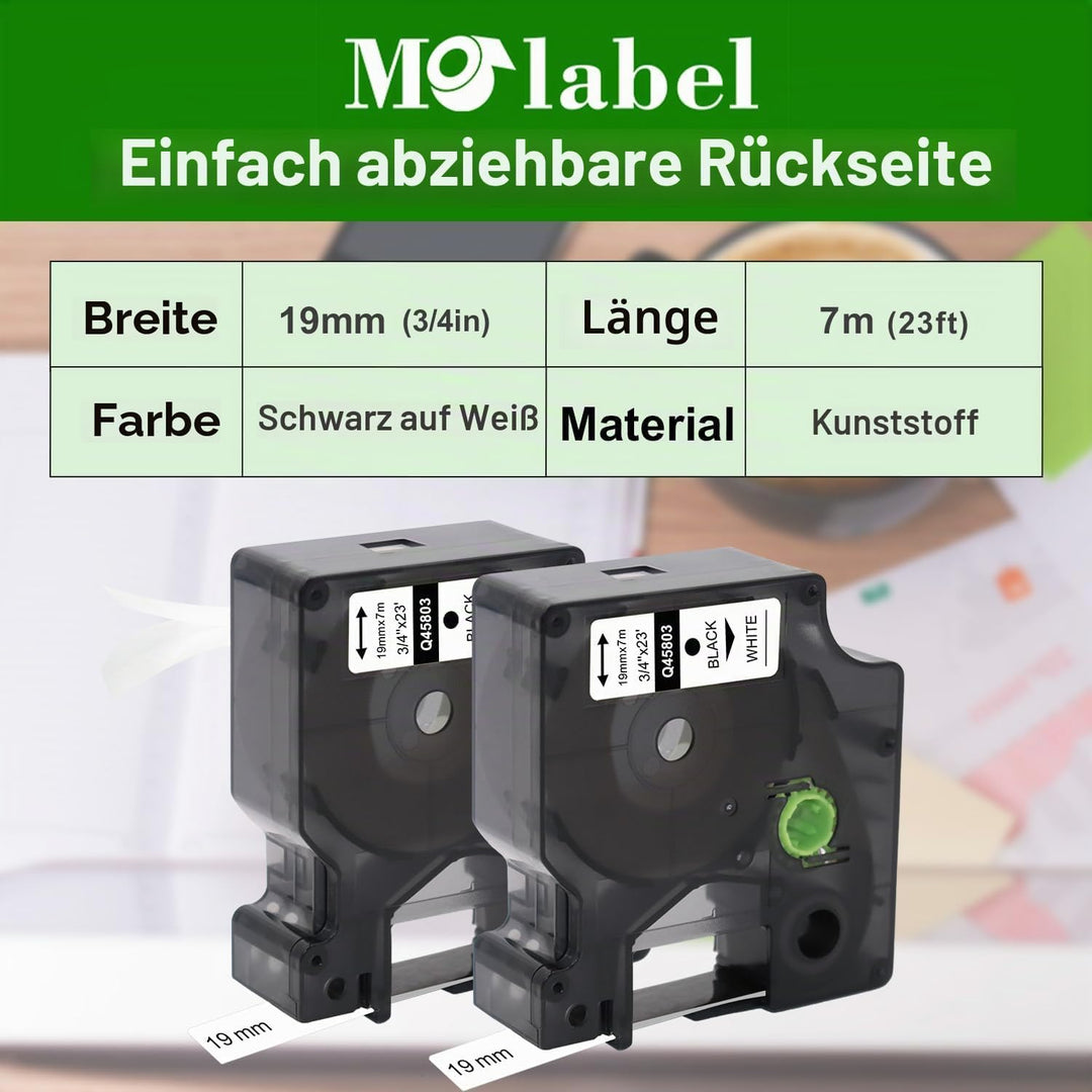 6X Molabel kompatibel mit Dymo D1 Etikettenband 19mm x 7m 45803 S0720830 Schwarz auf Weiss, geeignet