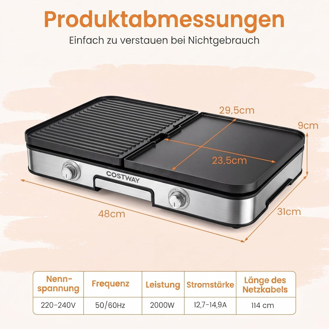 COSTWAY Tischgrill elektrisch, 2000W Elektrogrill mit Spritzschutz, 2 Thermostate, 6 Temperatureinst