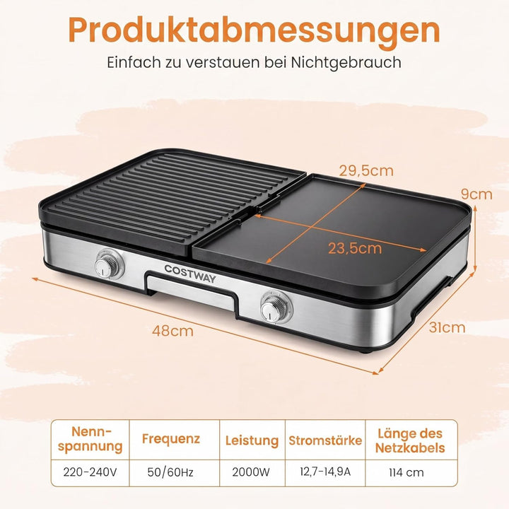 COSTWAY Tischgrill elektrisch, 2000W Elektrogrill mit Spritzschutz, 2 Thermostate, 6 Temperatureinst