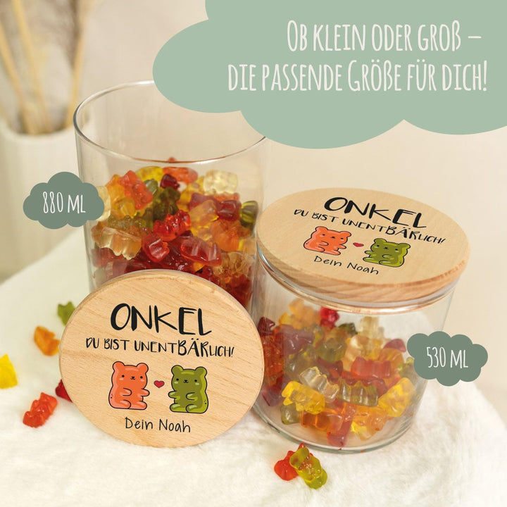 GRAVURZEILE Vorratsglas mit bedrucktem Holzdeckel - UnentBÄRlich Onkel - Personalisiert mit Name - K