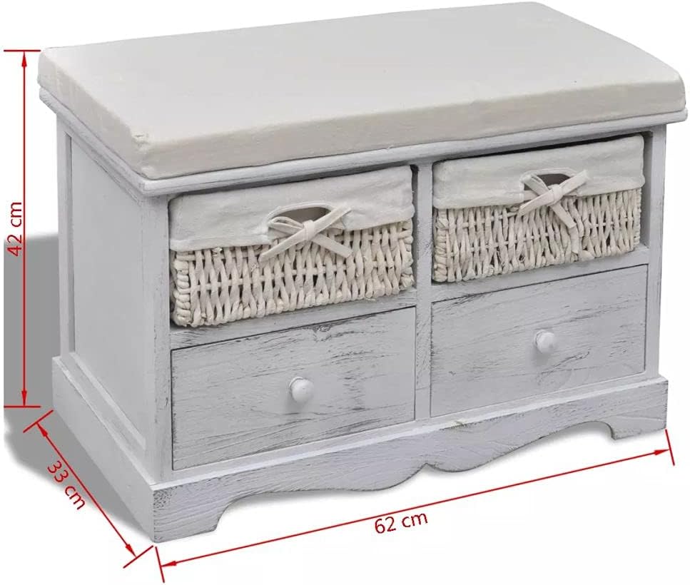 Sitzbank mit 2 Flechtkörben und 2 Holzschubladen für Veranda, Garderobe und Schlafzimmer, Lange Sitz
