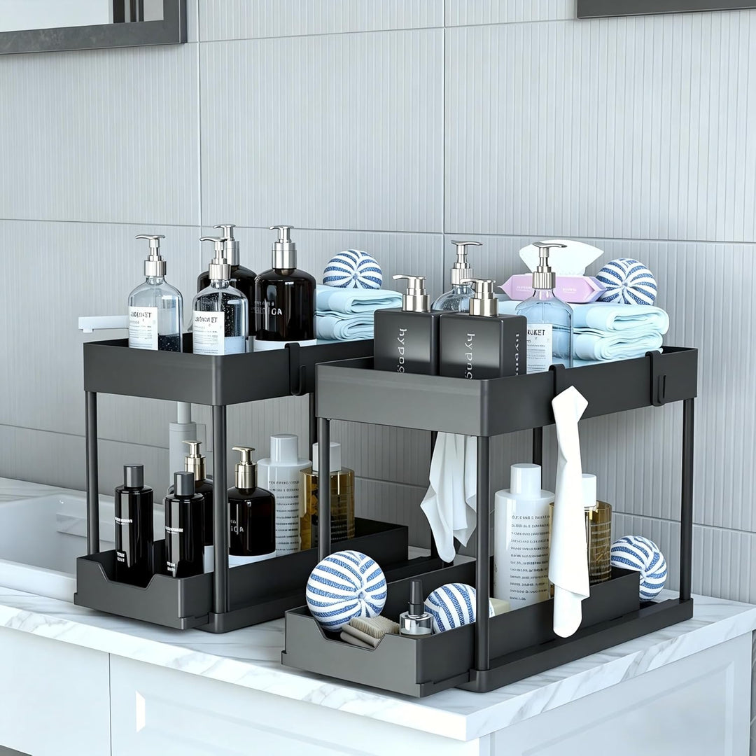 DEKAVA Küchen Organizer, 2 Unter Waschbecken Regal, Schrank Küchenorganizer mit 4 Haken, Schrankkorb