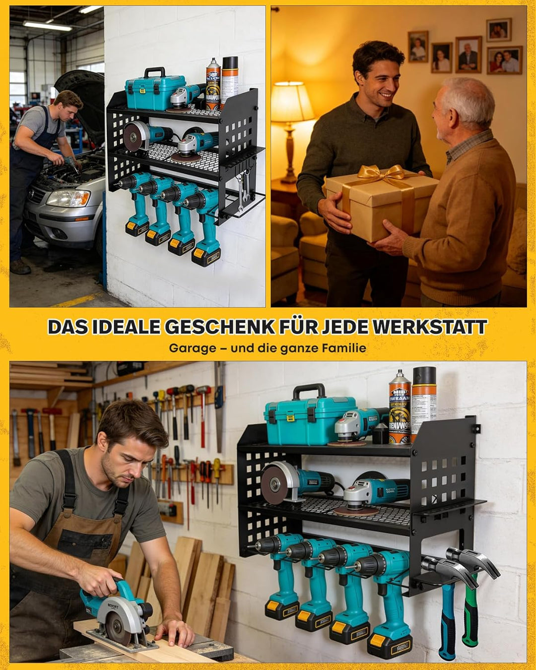 Ribelli Werkzeug Wandhalterung 3 Ebenen mit Haken, Metal Werkzeugregal für 4 Elektrowerkzeug, Akkusc