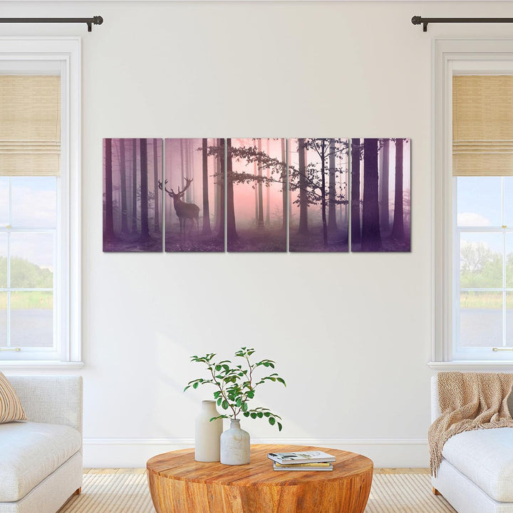 Runa Art Wandbild XXL Wald Hirsch Schlafzimmer Wohnzimmer 200 x 80 cm Rosa 5 Teilig - Made in German