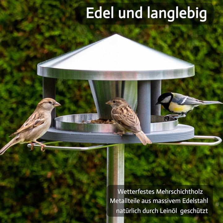 Vogelhaus mit Ständer wetterfest aus Edelstahl - Stabiles Vogelfutterhaus für draussen, modern aus M