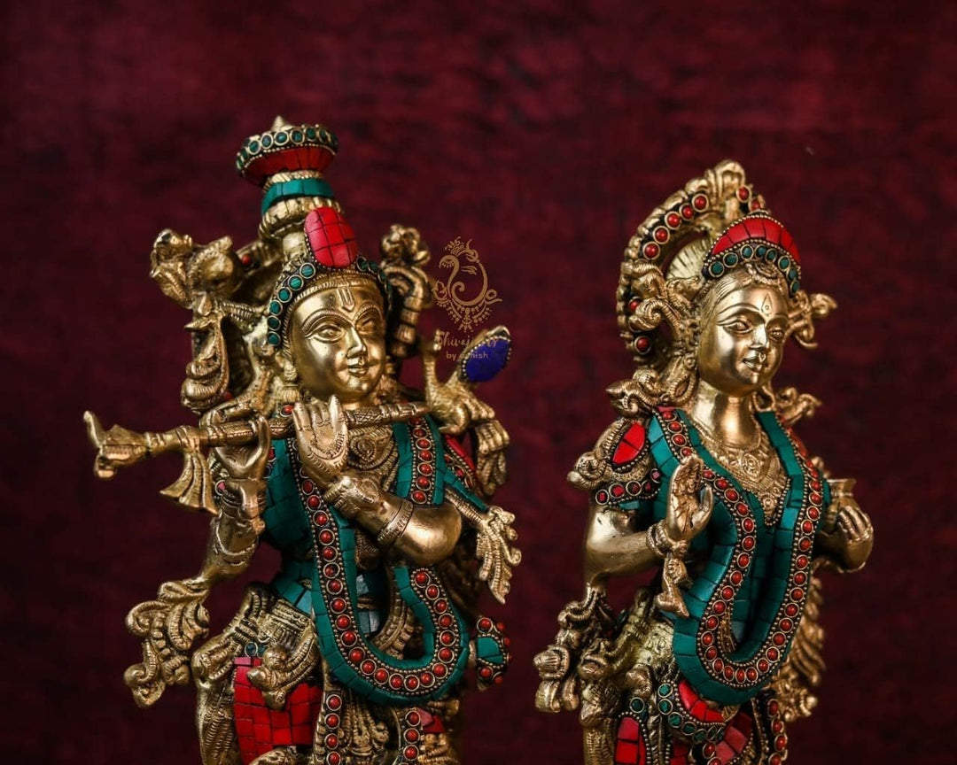 SHIVAJI ARTS Radha Krishna Statue Messing mit Steinarbeit, mehrfarbig, 45,7 cm, grosse Grösse, 1 Stü
