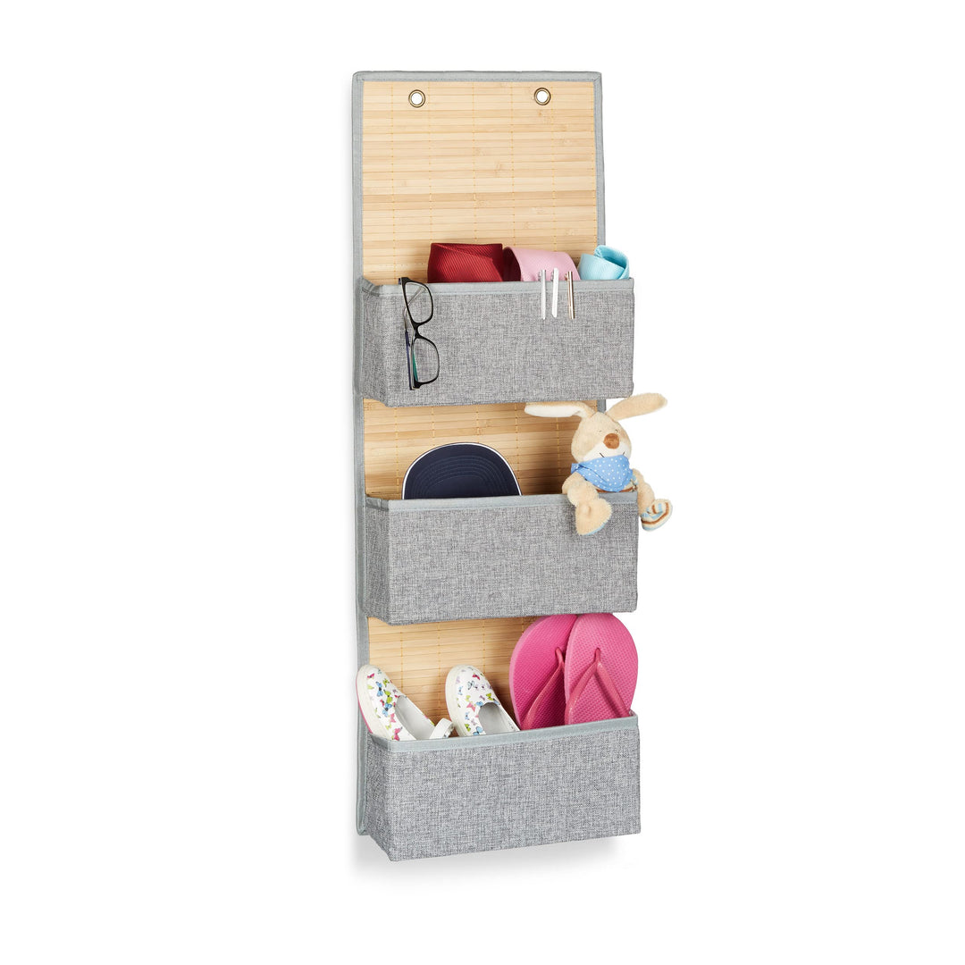 Relaxdays Hängeaufbewahrung Bad und Flur, 3 Fächer Türgarderobe 94 x 33 x 12 cm H x B x T, Bambus un