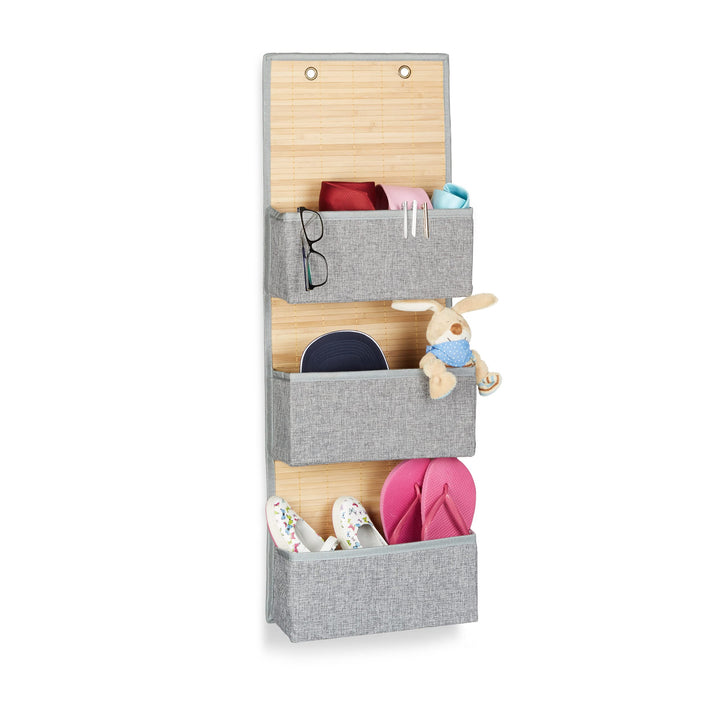 Relaxdays Hängeaufbewahrung Bad und Flur, 3 Fächer Türgarderobe 94 x 33 x 12 cm H x B x T, Bambus un
