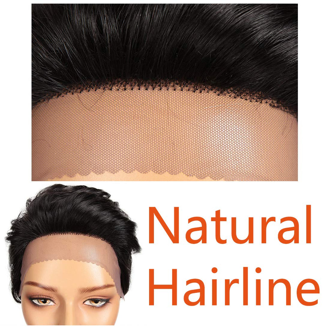 DÉBUT Echthaar Perücke mit Filmansatz kurz Pixie Damen Perücke Lace Front Wigs 22cm 79g (1B：schwarz)