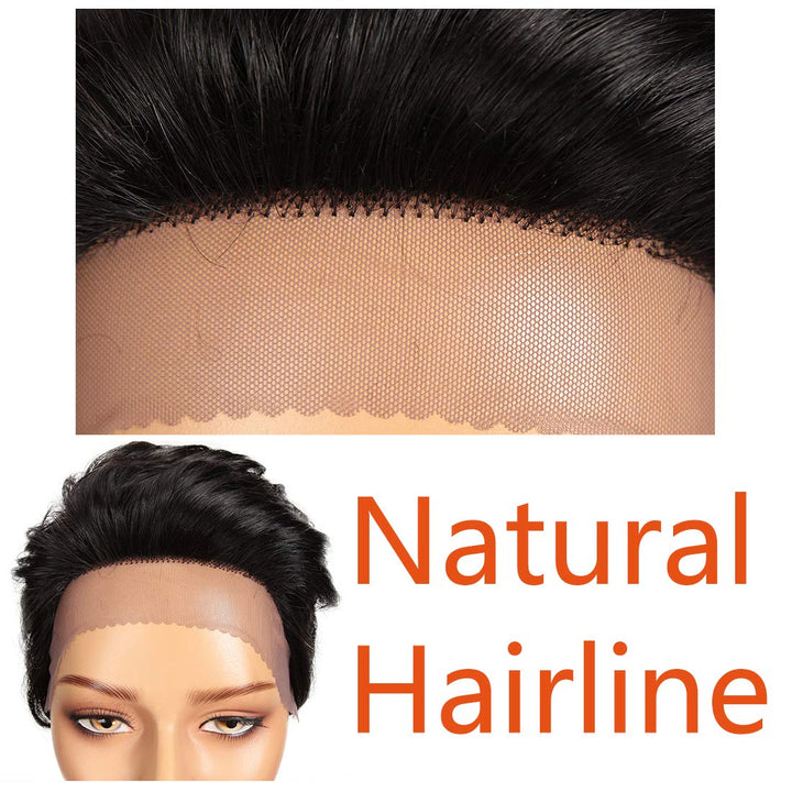 DÉBUT Echthaar Perücke mit Filmansatz kurz Pixie Damen Perücke Lace Front Wigs 22cm 79g (1B：schwarz)