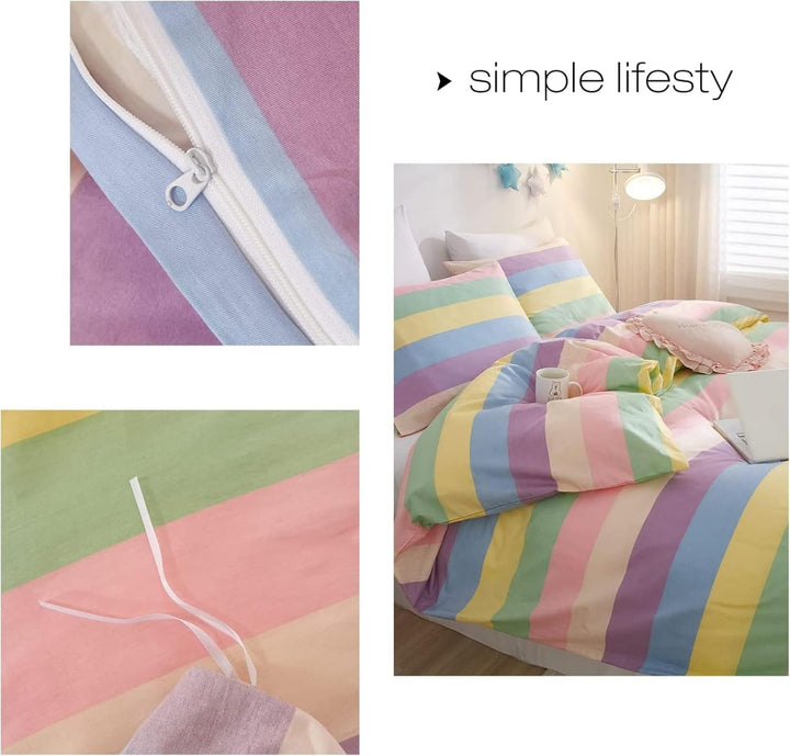 Freyamy Mädchen Bettwäsche 135x200cm Bunt Regenbogen Streifen Kinderbettwäsche 100% Microfaser Babyb