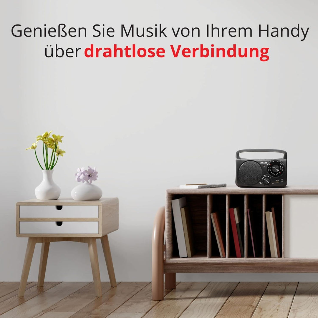 AKAI Tragbares AM/FM Radio mit Bluetooth, USB und AUX Klassisch, Robust und einfach in der Bedienung