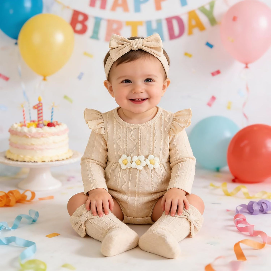 Kunyeah 3Pcs Baby Mädchen Outfits Kleinkind Ruffle Strampler Langarm Bodysuit+Bow Haarband+Socken Ne