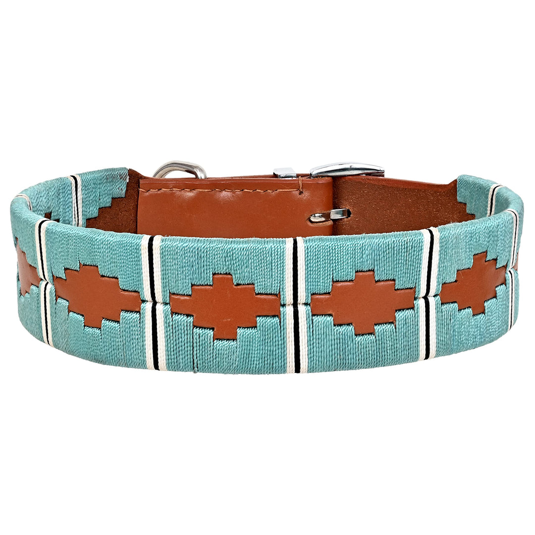 MICHUR Pippa Braun Blau Türkis Baumwollgarn Hundehalsband Leder, Lederhalsband Hund, Halsband, Leder