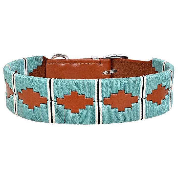 MICHUR Pippa Braun Blau Türkis Baumwollgarn Hundehalsband Leder, Lederhalsband Hund, Halsband, Leder