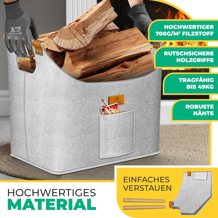 KESSER® Brennholzkorb 60 Liter | Kaminholztasche extra Dicker Filz | Feuerholzkorb faltbar mit verst