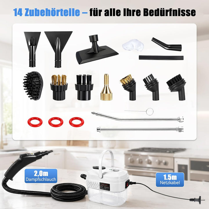 Dampfreiniger Handgerät, 1600W Handdampfreiniger mit 1.4L Tank Handdampfreiniger, Dampfdruck 3 Bar,