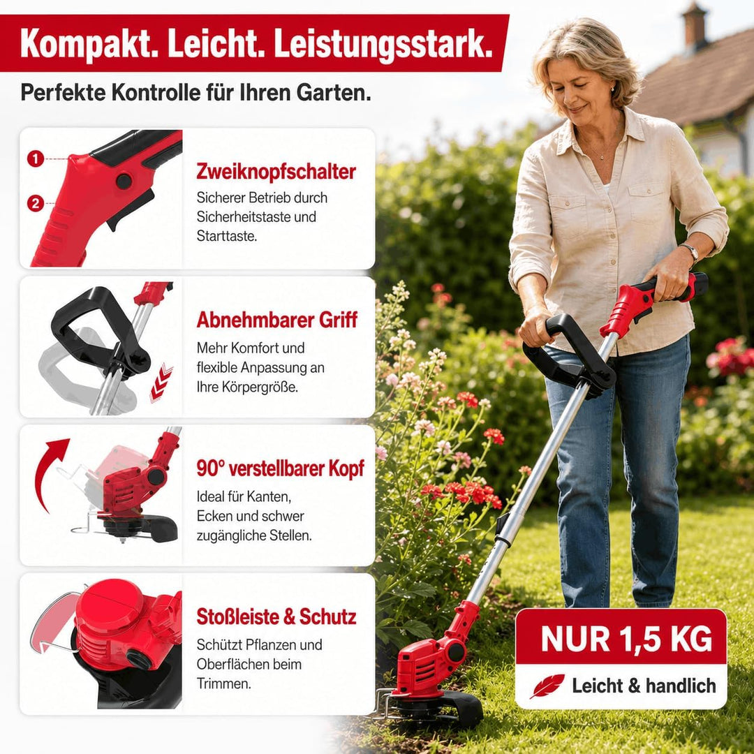 Akku Rasentrimmer mit Akku mit 3 Akkus und 3 Klingentypens
