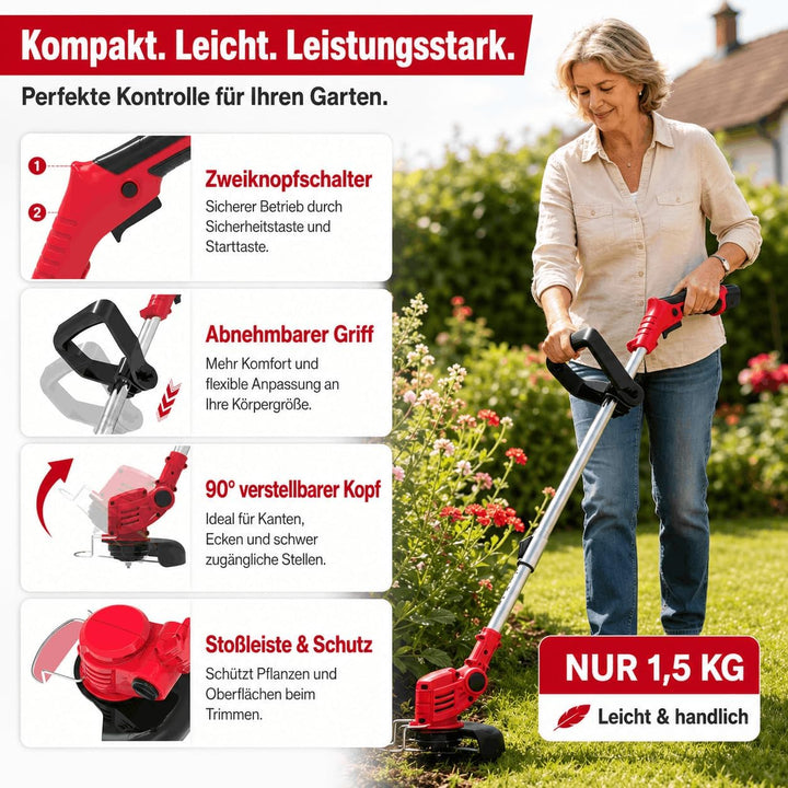 Akku Rasentrimmer mit Akku mit 3 Akkus und 3 Klingentypens