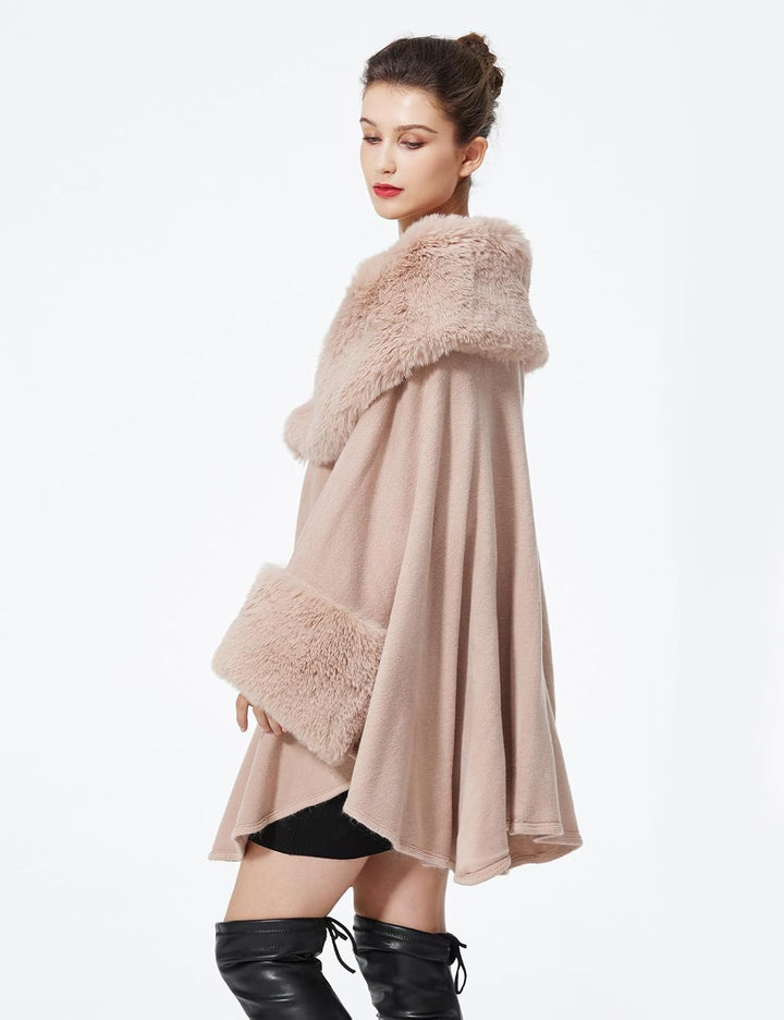 BEAUTELICATE Kunstpelz Poncho Stola Damen Umhang Cape Herbst Strickjacke Winter Mantel Mit Kunstfell